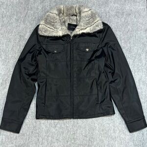 Braetan Black Faux Fur Collar Zip Up Jacket Womens Small Quilted Lining